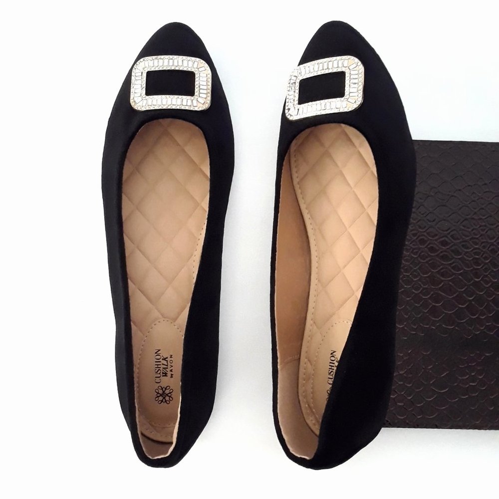 Black Velvet Rhinestone Buckle Pointed Toe Ballet Flats - Picture 4 of 15